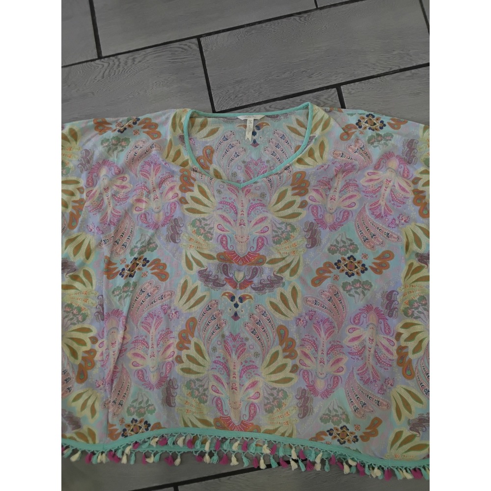 Matilda Jane Paisley Tassel Trim Poncho Top Mint Pink Cotton Cover Up Small - Picture 2 of 8